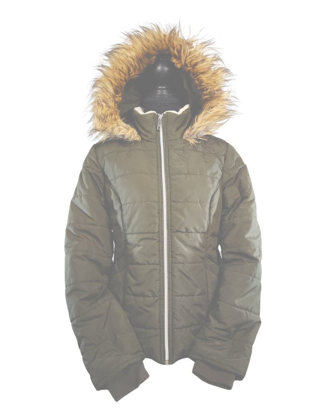 Maralyn & Me Olive Green Puffer Jacket Women's Medium Faux Fur Hood